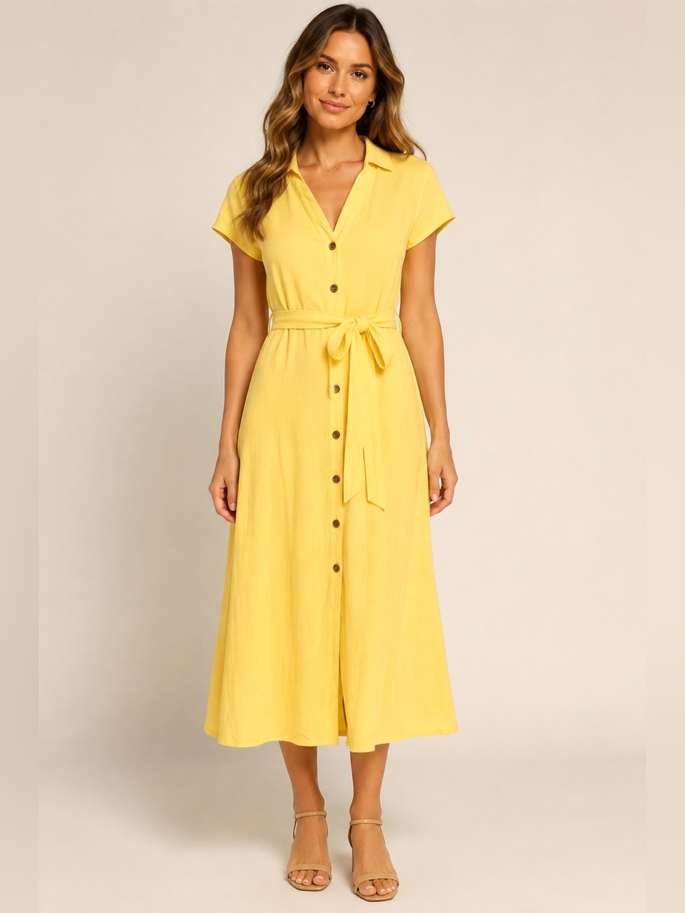Lulus Yellow Linen Blend Button-Front Belted Midi Shirt Dress XS NWT
